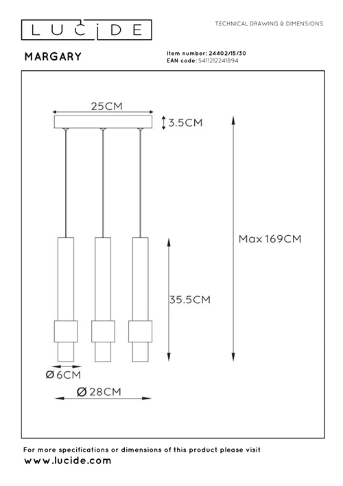 Lucide MARGARY - Suspension - Ø 28 cm - LED Dim. - 3x4W 2700K - Noir - technique